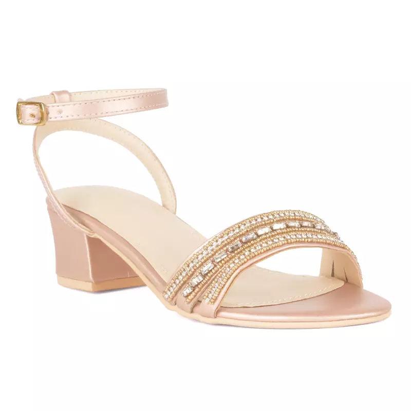Handcrafted Studded Block Heeled Sandals in Rose Gold