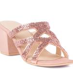 Pink Shiny Stud Handcrafted Block Heeled Satin Sandals