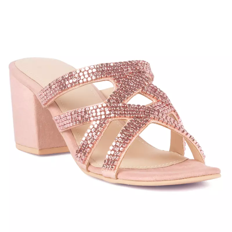 Pink Shiny Stud Handcrafted Block Heeled Satin Sandals