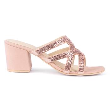 Pink Shiny Stud Handcrafted Block Heeled Satin Sandals 2