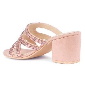 Pink Shiny Stud Handcrafted Block Heeled Satin Sandals 3