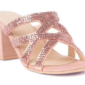 Pink Shiny Stud Handcrafted Block Heeled Satin Sandals 4