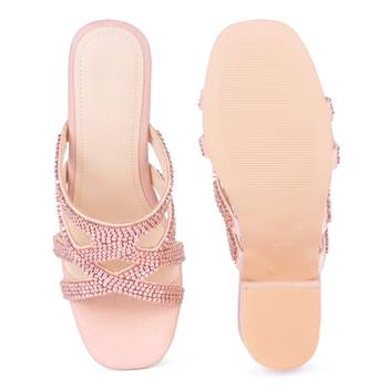 Pink Shiny Stud Handcrafted Block Heeled Satin Sandals 5