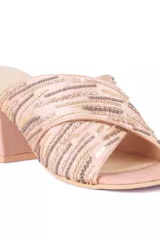 Pink Embellished Handcrafted Block Heeled Sandals