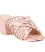 Pink Embellished Handcrafted Block Heeled Sandals