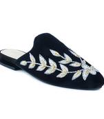 Black Leaf Embroidered Velvet Mules