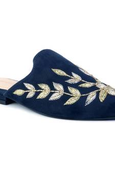 Navy Leaf Embroidered Suede Mules