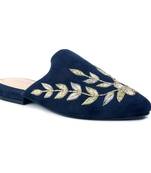 Navy Leaf Embroidered Suede Mules