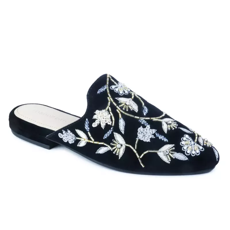 Black Embroidered Floral Velvet Mules