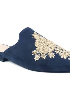 Navy Embroidered Patch Suede Mules
