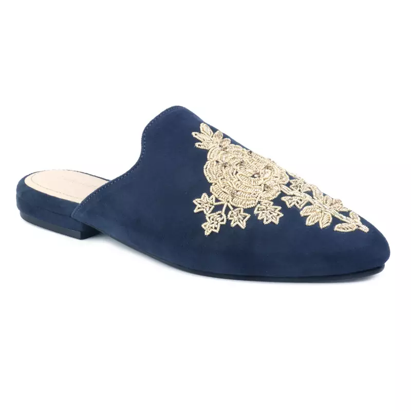 Navy Embroidered Patch Suede Mules