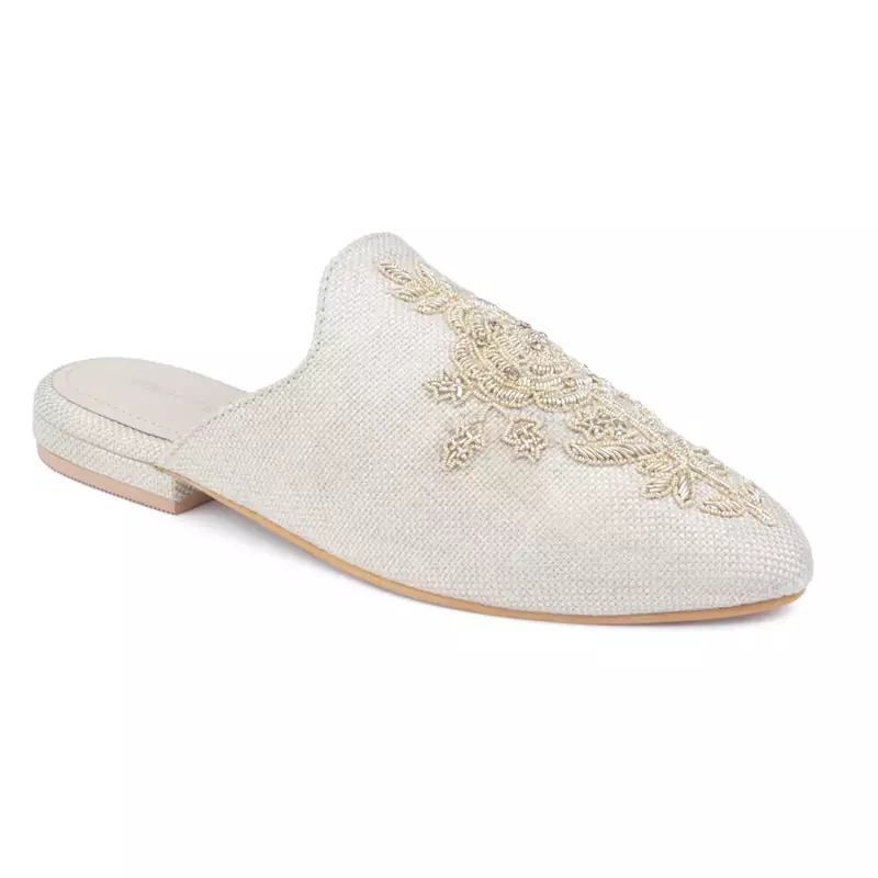 Beige Embroidered Patch Mules