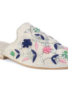 Beige Floral Embroidered Mules