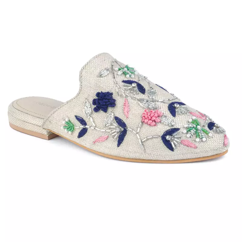Beige Floral Embroidered Mules