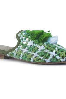Green Woven Flat Mules With Tassels