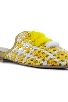 Yellow Woven Flat Mules With Tassels