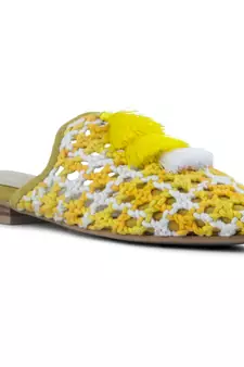 Yellow Woven Flat Mules With Tassels