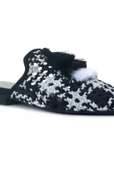 Black Woven Flat Mules With Tassels