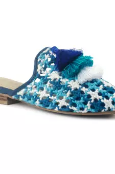 Blue Woven Flat Mules With Tassels