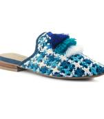 Blue Woven Flat Mules With Tassels