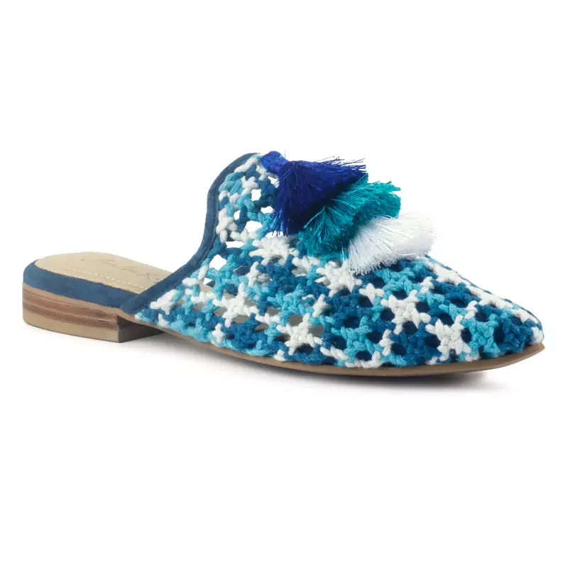 Blue Woven Flat Mules With Tassels
