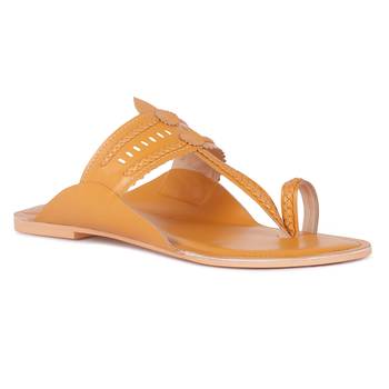 Handcrafted Mustard Cut Work Kolhapuri Flats 1