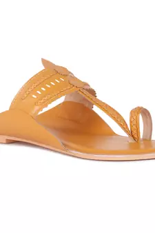 Handcrafted Mustard Cut Work Kolhapuri Flats