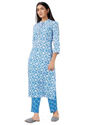Blue & White cotton printed readymade kurta set with pant set 1