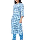 Blue & White cotton printed readymade kurta set with pant set