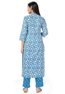 Blue & White cotton printed readymade kurta set with pant set 2