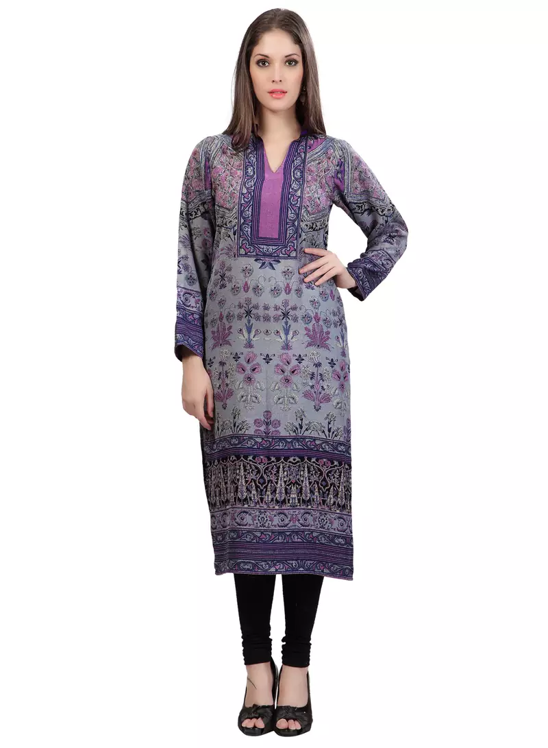 Grey Staple Blended   3/4 Sleeves Printed Kurti