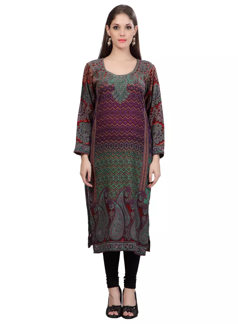 Multi Colour Staple Blended  Round Neck Printed Kurti