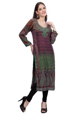 Multi Colour Staple Blended  Round Neck Printed Kurti 2