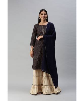 Women Foil Printed Navy Blue Kurta with Sharara and Dupatta 1