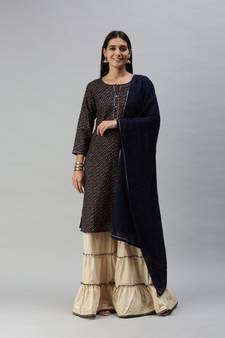 Women Foil Printed Navy Blue Kurta with Sharara and Dupatta