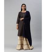 Women Foil Printed Navy Blue Kurta with Sharara and Dupatta