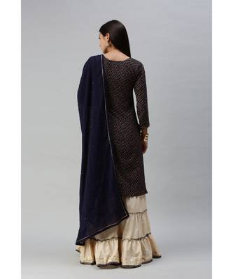 Women Foil Printed Navy Blue Kurta with Sharara and Dupatta 2