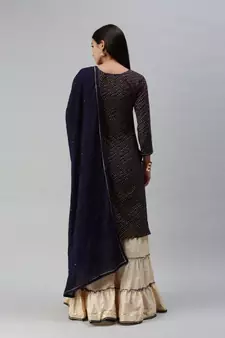 Women Foil Printed Navy Blue Kurta with Sharara and Dupatta