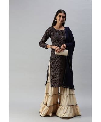 Women Foil Printed Navy Blue Kurta with Sharara and Dupatta 3
