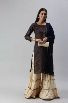 Women Foil Printed Navy Blue Kurta with Sharara and Dupatta