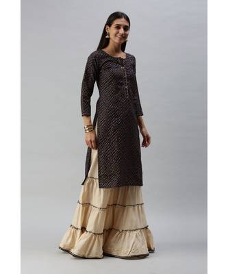Women Foil Printed Navy Blue Kurta with Sharara and Dupatta 4