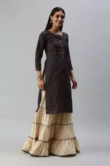 Women Foil Printed Navy Blue Kurta with Sharara and Dupatta