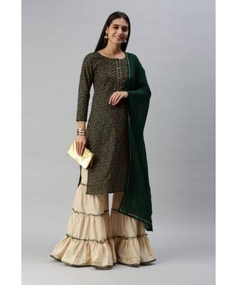 Women Foil Printed Green Kurta with Sharara and Dupatta 1