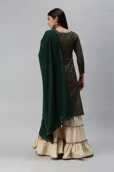 Women Foil Printed Green Kurta with Sharara and Dupatta