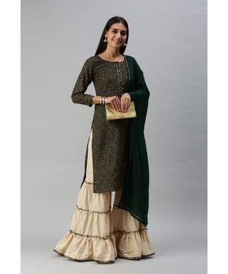 Women Foil Printed Green Kurta with Sharara and Dupatta 3