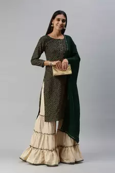 Women Foil Printed Green Kurta with Sharara and Dupatta