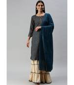 Women Foil Printed Teal Kurta with Sharara and Dupatta