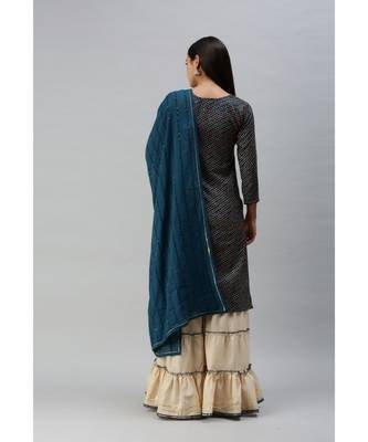 Women Foil Printed Teal Kurta with Sharara and Dupatta 2