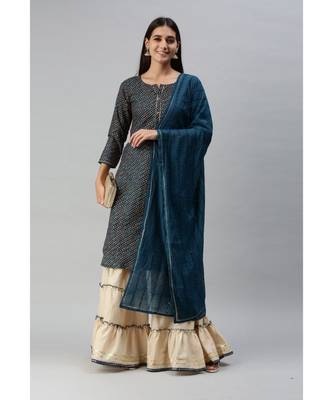 Women Foil Printed Teal Kurta with Sharara and Dupatta 3