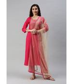 Women Magenta Embroidery Kurta Set with Net Dupatta